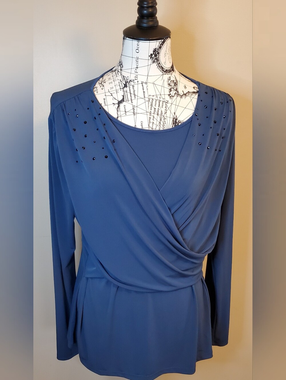Daisy Fuentes XL Blue Draped Blouse Faux Wrap Studded Stretch Body Contour Top